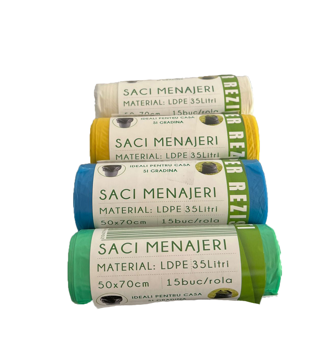 Saci menajeri galbeni, verzi, albastri, transparenti, 35L, LDPE, 50 x 70 cm, 15 buc/rola