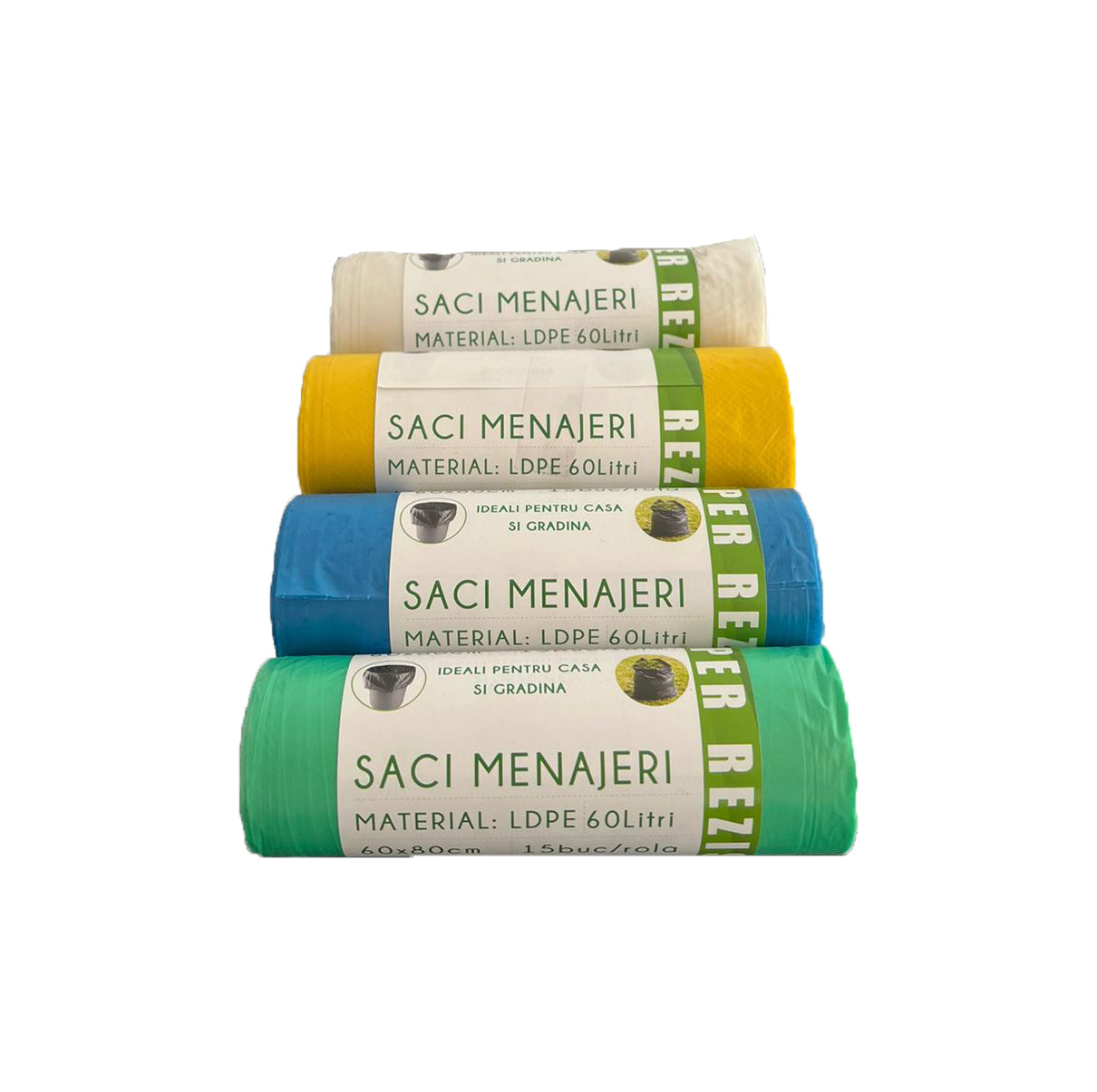 Saci menajeri galbeni, albastri, verzi, transparenti, 60L, LDPE, 60 x 80 cm, 15 buc/rola