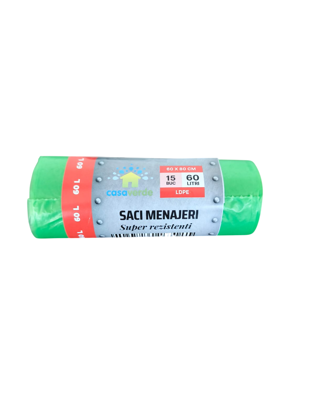 Saci menajeri verzi 60L, LDPE, 15 buc/rola