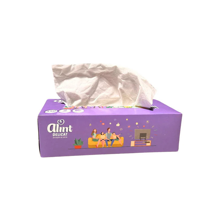 Servetele faciale albe, la cutie (pop-up) Alint Delicat, 2 straturi, 150 buc/cutie