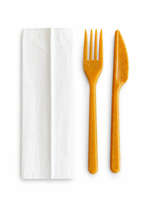 Set tacamuri furculite si cutite din fibra lemnoasa cu servetel, 100 buc/set