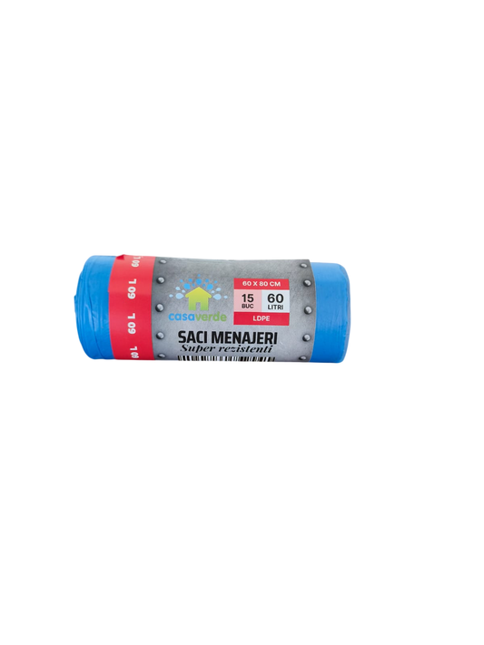 Saci menajeri albastri 60L, LDPE, 15 buc/rola