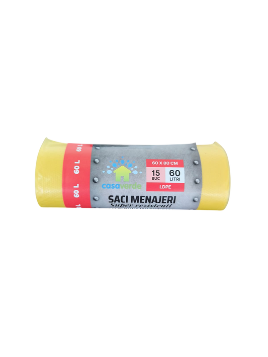 Saci menajeri galbeni 60L, LDPE, 15 buc/rola
