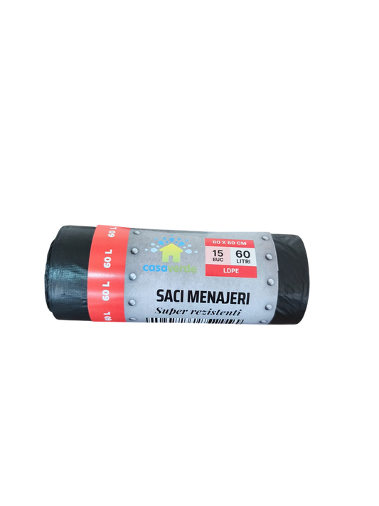 Saci menajeri negri 60L, LDPE, 15 buc/rola