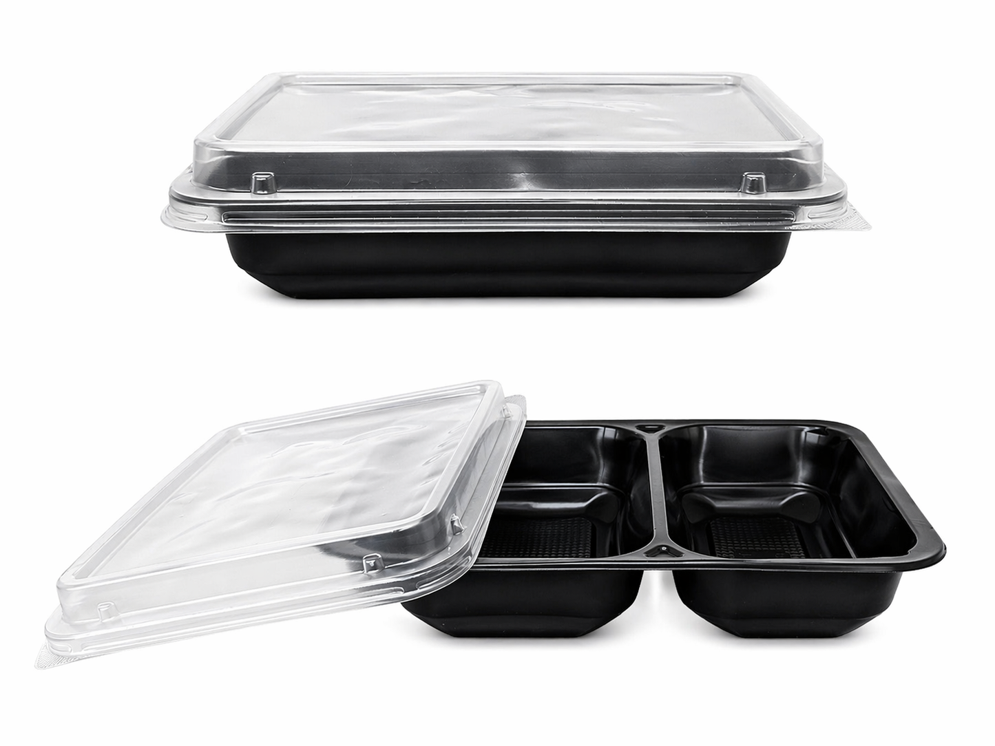 Caserole negre TERMO din PP, 2 compartimente, 227*178*45 mm, 50 buc/set