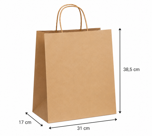 Pungă  hârtie kraft virgin XL 31×17×38,5 cm, mâner șnur