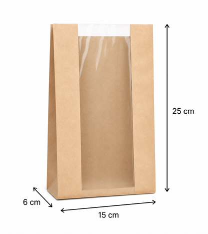 Pungă hârtie natur cu fereastră 15×6×25 cm
