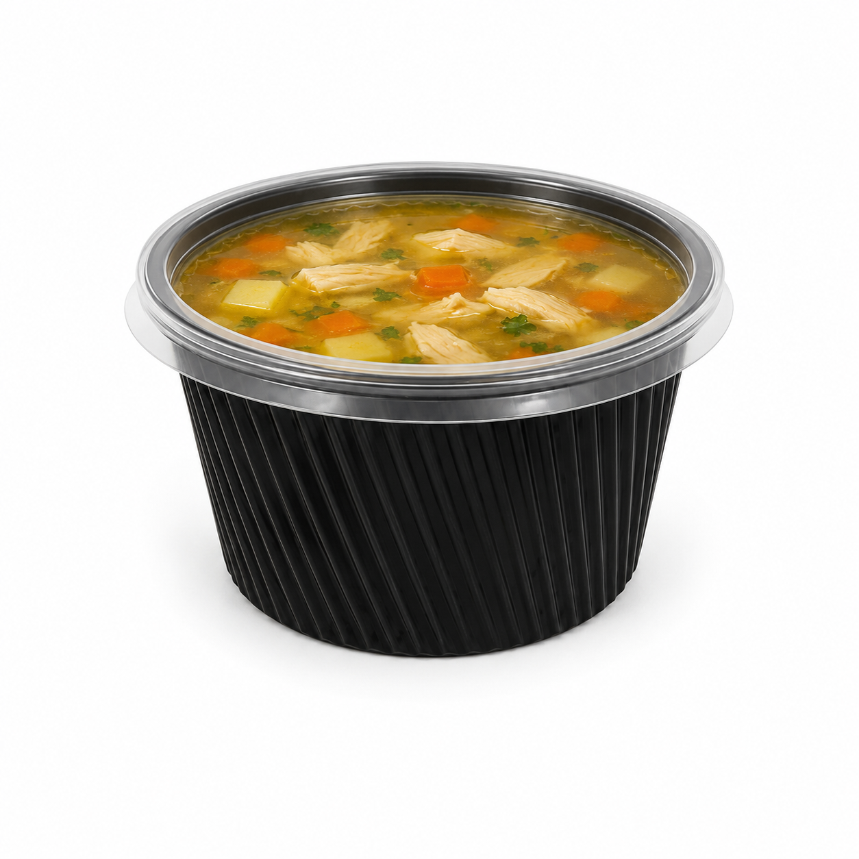 Boluri supă striații PP negru 350 ml cu capac PP transparent