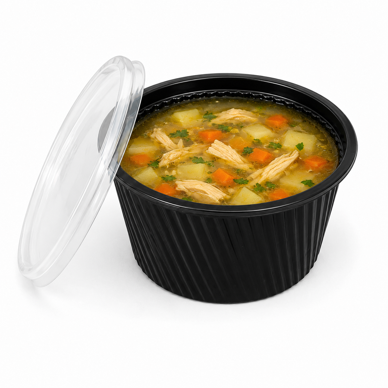 Boluri supă striații PP negru 500 ml cu capac PP transparent