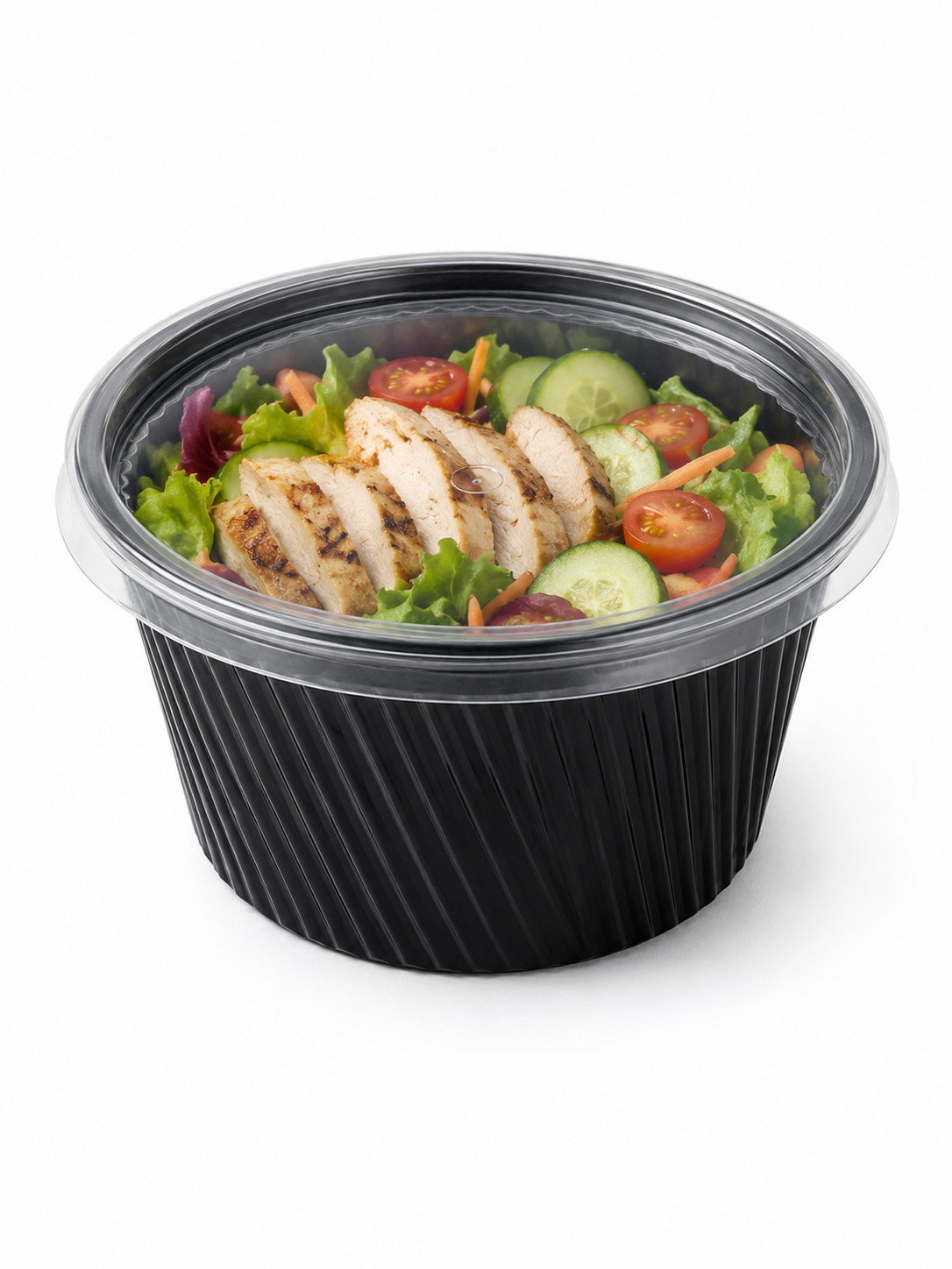 Boluri supă striații PP negru 350 ml cu capac PP transparent