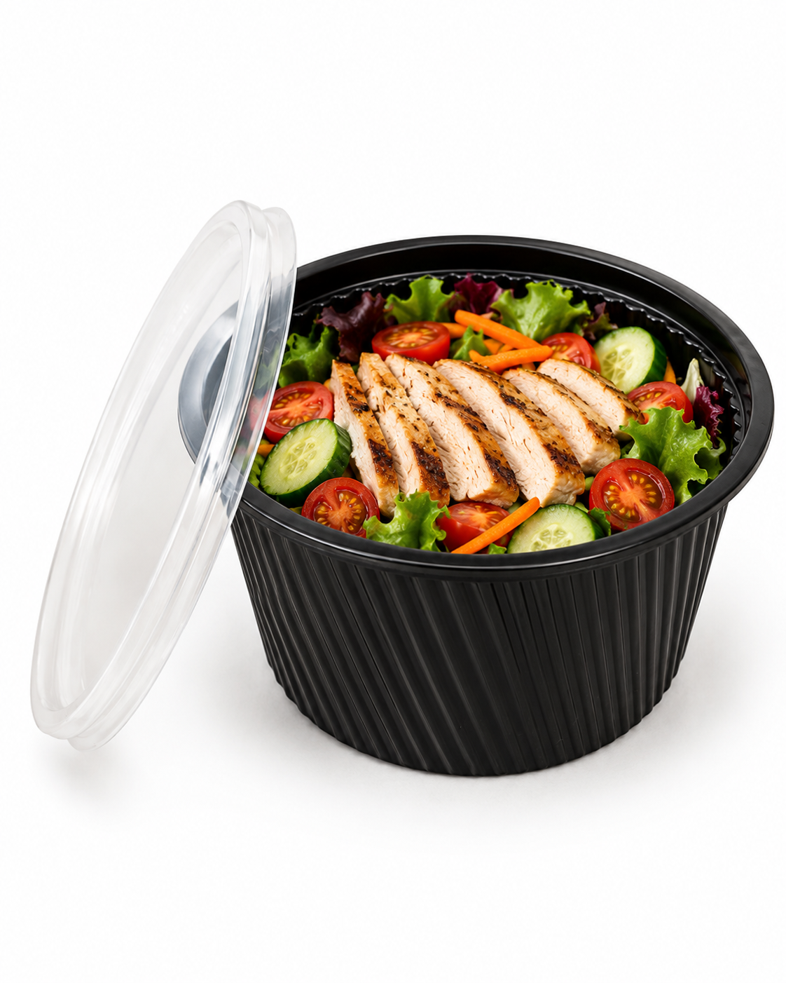 Boluri supă striații PP negru 500 ml cu capac PP transparent