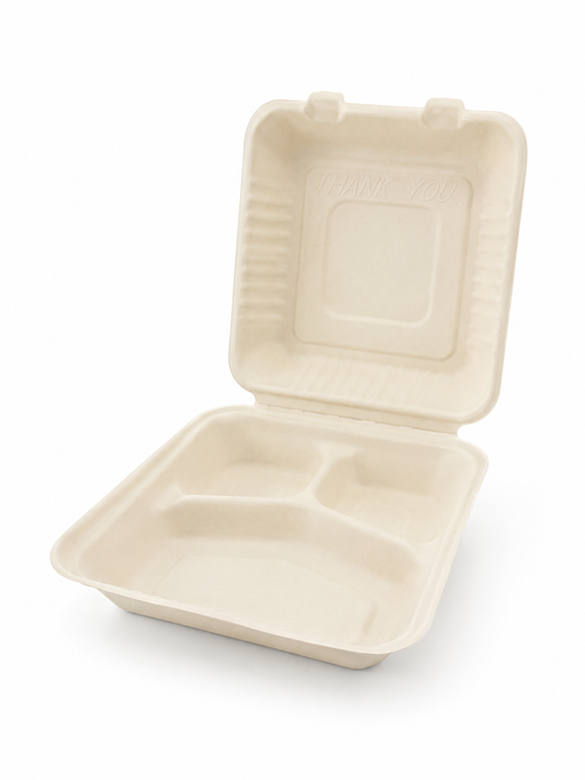 Caserolă meniu mare 3 compartimente BIO trestie de zahăr 23x23 cm