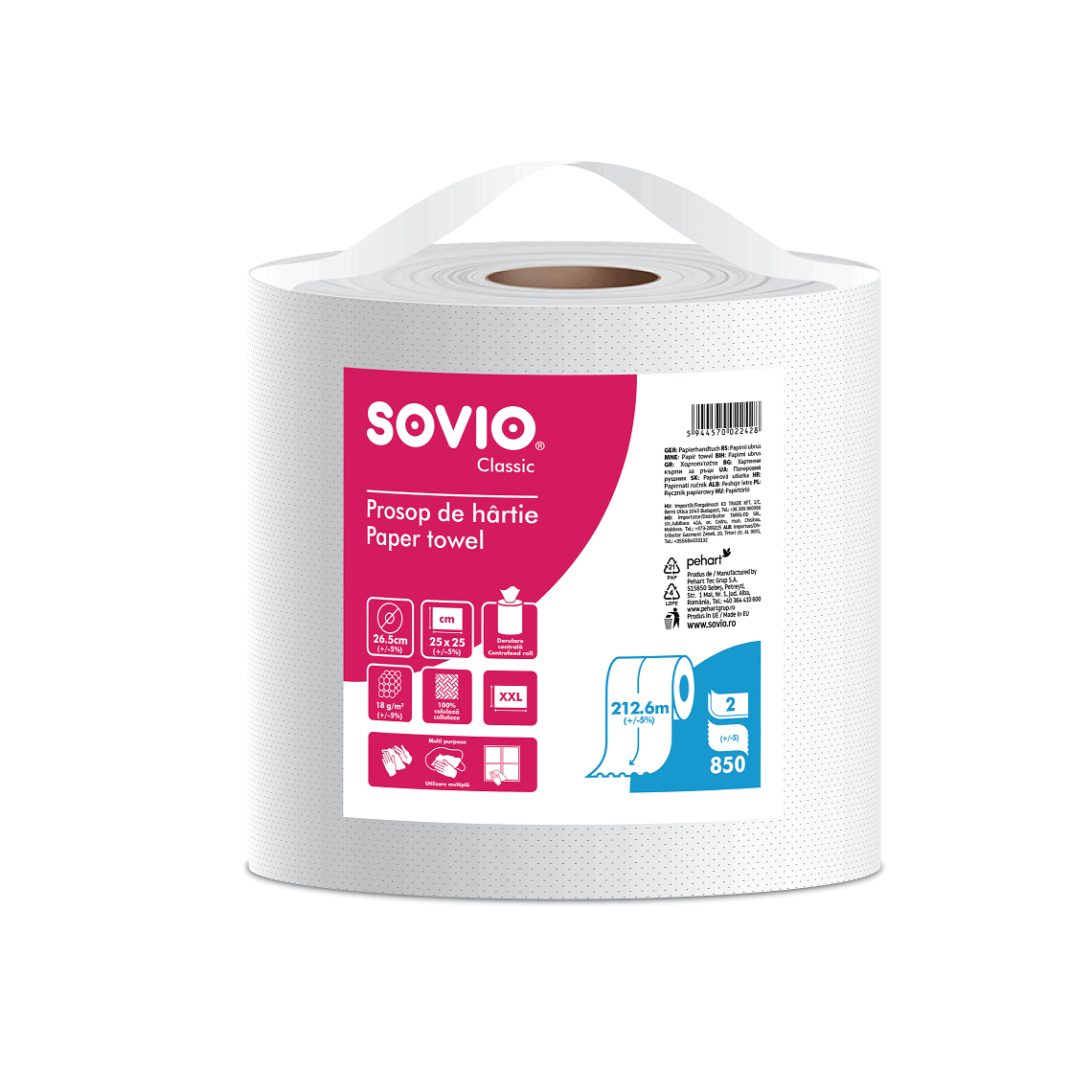 Prosop monorola Sovio din hartie alba 212 m, 850 foi, 1 rola/set