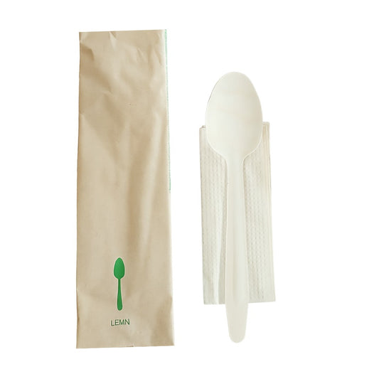 Set tacamuri lingura lemn cu servetel alb, 100 buc/set