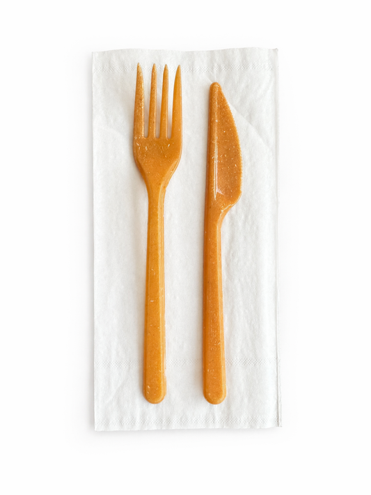 Set tacamuri furculite si cutite din fibra lemnoasa cu servetel, 100 buc/set
